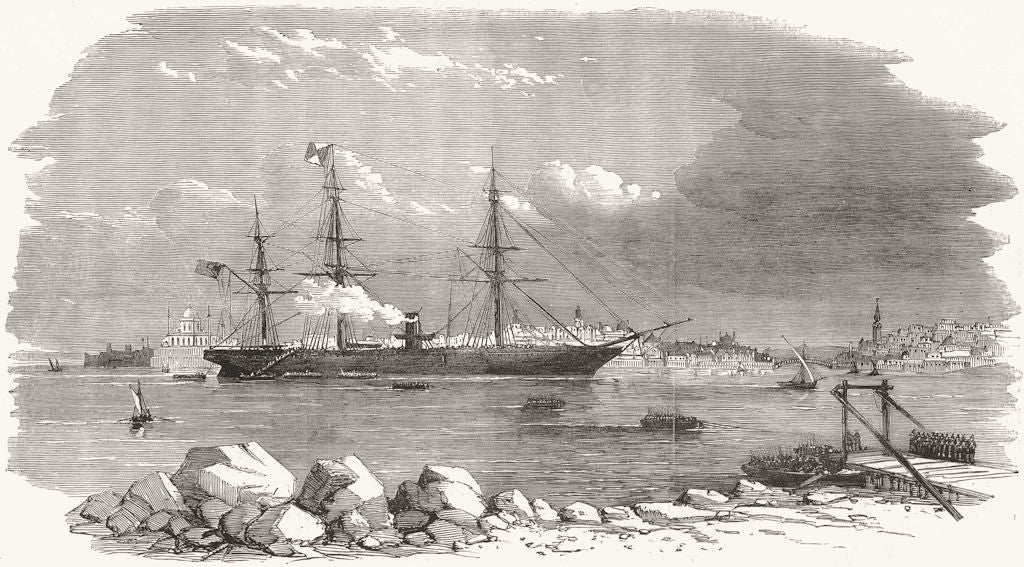 TURKEY. The Himalaya steam-ship landing troops at Uskudar 1854 old print